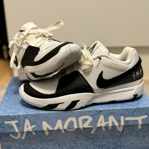 White and black Ja 1 - Dessa skor har bara använts en gång och har inga förstörelser eller något liknande och känns som helt nya skor, jag säljer dessa skor för att de är för små för mig. De kommer med lådan som kom med köpet och är helt älta, köptes från Nike.
