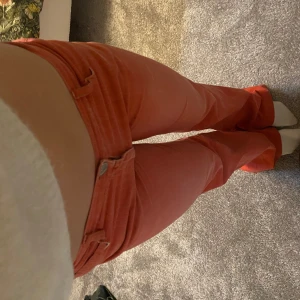 Orange byxor - Säljer ett par snygga ish korallröda byxor i mycket bra skick. De är lågmidjade och bootcut. Midjemått är 36cm och innerbenslängd 78. 