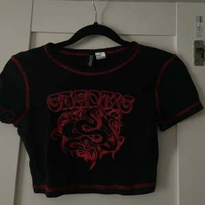 Svart croppad topp från H&M Divided - Säljer en svart croppad topp från H&M Divided med röd text och ormmotiv på framsidan. Används inte men är i toppen skick. 