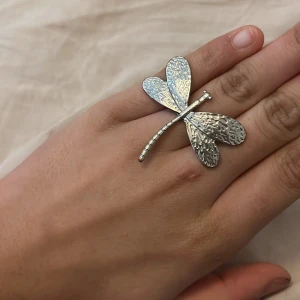 Silverfärgad ring med trollslända - Silverring med trollslända. jag är guld tjej fick den av min kompis så om någon vill ha den skriv den är lite rostig runt ring saken men trollsländan är inte rostig❤️