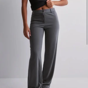 Grå lågmidjade kostymbyxor - Snygga grå kostymbyxor med låg midja från nelly! Byxorna har en knapp och dragkedja framtill för en stilren look. Använda en gång så i Nyskick!!💗 + Väldigt mjuka och sköna