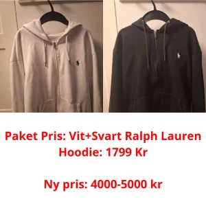 Ralph Lauren Hoodie - Säljer ett paket med två hoodies från Ralph Lauren, en vit och en svart. Båda har dragkedja och den klassiska loggan på bröstet. Perfekt för en stilren och bekväm look.