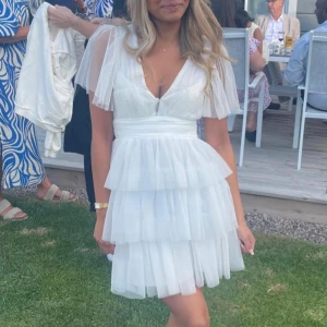 Vit kortklänning med volanger - INTRESSEKOLL ‼️Säljer en superfin vit kortklänning med volanger och korta ärmar. Perfekt för sommarens fester eller studentfiranden. Klänningen har en v-ringad design och är gjord i ett lätt och luftigt material. Den är både söt och stilren, perfekt för varma dagar! 💃