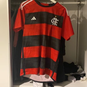 Flamengo tröja - Säljer en snygg fotbollströja från Adidas i röd och svart med randigt mönster. Tröjan har korta ärmar och klubbemblem på bröstet. Perfekt för fotbollsfans som vill visa sitt stöd. Den är i bra skick och redo för nya äventyr på planen eller läktaren!