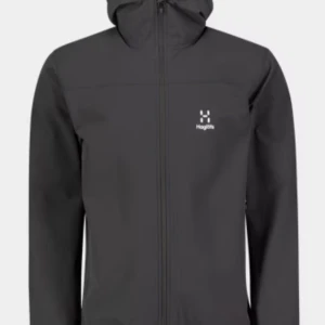Svart vindjacka från Haglöfs - Säljer en stilren svart vindjacka från Haglöfs. Jackan har en praktisk huva och dragkedja framtill. Perfekt för blåsiga dagar och har en minimalistisk design med Haglöfs logga på bröstet.