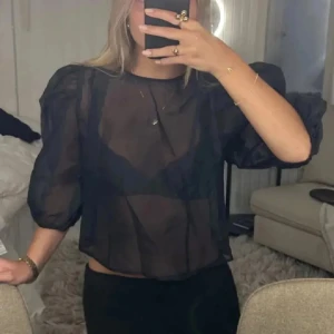 Blus med puffärmar  - Snygg svart transparent blus från H&M med puffiga ärmar och knytning i ryggen. Perfekt för en stilren och trendig look. Blusen har en luftig passform och är tillverkad i ett lätt material.