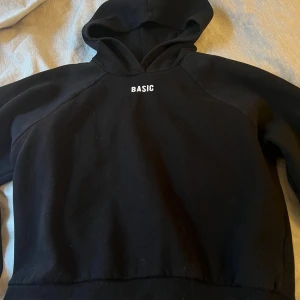 Svart hoodie från Gina Tricot - Säljer en svart hoodie från Gina Tricot som ej säljs längre med texten 'BASIC' broderad på bröstet. Perfekt för en avslappnad stil. Den har en klassisk huva och långa ärmar. I jättefint skick, inga slitningar eller liknade.
