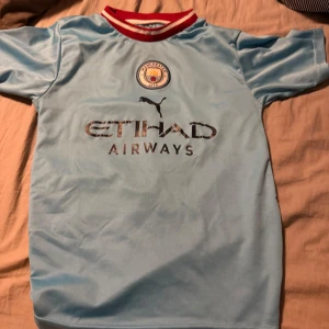 Ljusblå fotbollströja från Puma - Säljer en ljusblå fotbollströja från Puma med korta ärmar. Tröjan har ett rött och vitt krage och klubbens emblem på bröstet. På baksidan finns namnet 'Haaland' och nummer 9 tryckt. Perfekt för fotbollsfans!