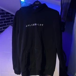 Svart hoodie med japanskt tryck - En svart hoodie med japanskt tryck på i nyskick. Har växt ur hoodien och försöker på den säljd. Pris går att diskutera.