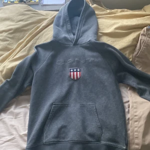 Grå hoodie från GANT - Säljer en snygg grå hoodie från GANT med broderad logga och ett coolt emblem på framsidan. Den har en klassisk känguruficka och är perfekt för både höst och vinter. Superbekväm och stilren, perfekt för vardagsbruk! Använd ganska länge 