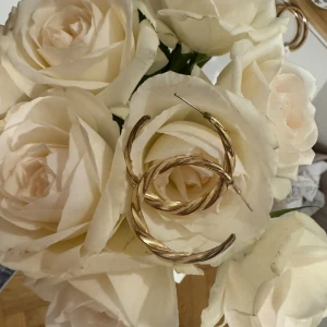 Guldiga vridna örhängen - Säljer ett par snygga guldiga örhängen med en vriden design. De är i en klassisk ringform och har en glansig yta som verkligen fångar ljuset. Perfekta för att piffa upp vilken outfit som helst, oavsett om det är till vardags eller fest!