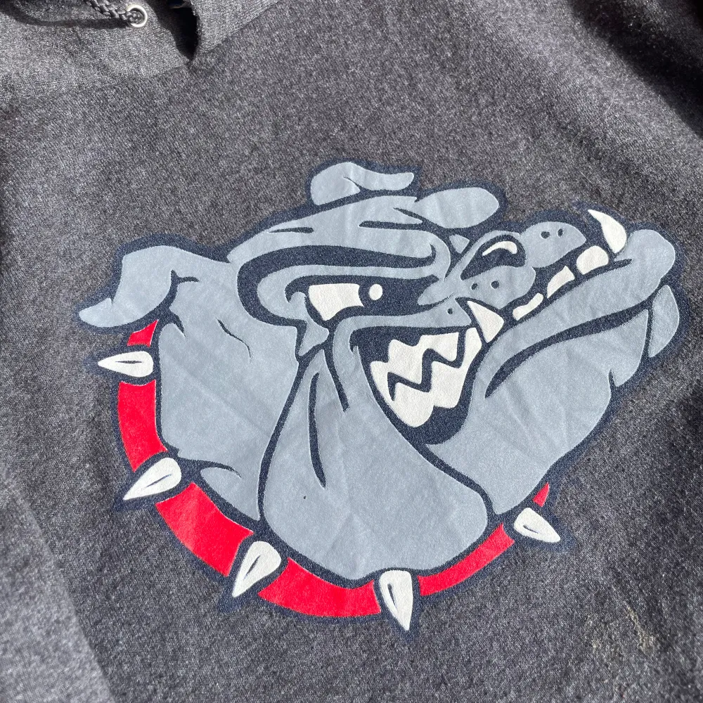 Säljer en grå hoodie från Champion i storlek S. Den är gjord av mjuk fleece och har ett stort tryck av en bulldog på framsidan samt texten 'GONZAGA' längs ärmen. Perfekt för höst och vinter när du vill hålla dig varm och bekväm. Den har en klassisk känguruficka och justerbar huva.       C 8/10 lite nopprig ksk 😔. Hoodies.