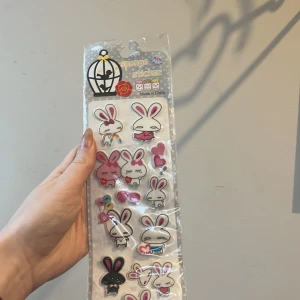 Sponge stickers med kaniner - Ett set med söta sponge stickers föreställande kaniner i olika poser och färger. Klistermärkena inkluderar rosa och svarta kaniner samt hjärtan och andra dekorationer. Perfekt för att dekorera anteckningsböcker eller brev. Kan vara att klistret har torkats, säljs billig 