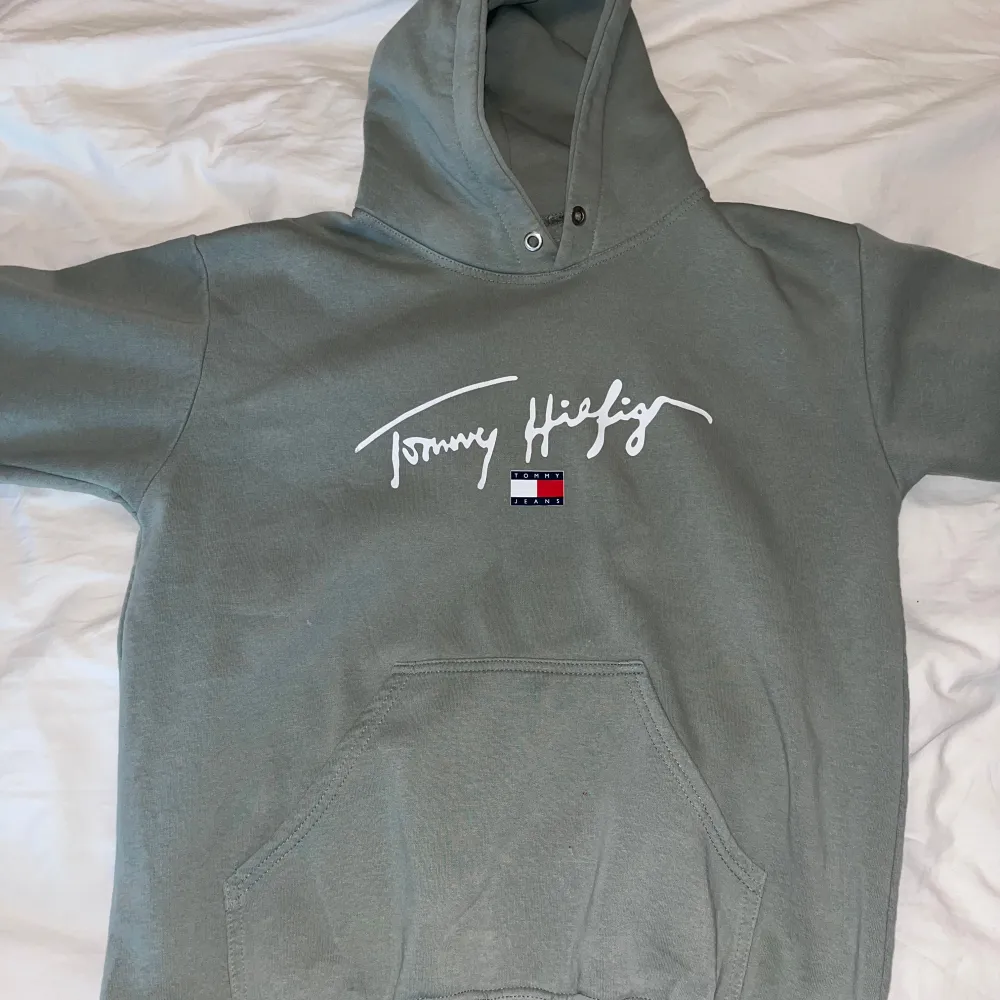 Säljer en snygg grön hoodie från Tommy Hilfiger med deras ikoniska logga på bröstet. Den är i bra skick och perfekt för både höst och vinter. Hoodien har en stor ficka fram och ribbade muddar vid ärmsluten. Superbekväm och stilren!. Tröjor & Koftor.