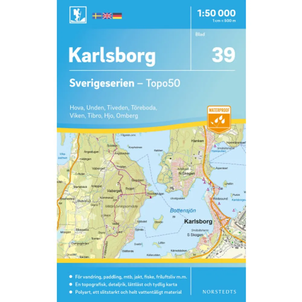 Sverigeseriens friluftskartor är en serie om 116 kartor med ett täckningsområde som sträcker sig över södra och mellersta Sverige samt Norrlandskusten. Det är kartan för dig som söker information inför friluftsaktiviteter som vandring, utflykter, traillöpning, jakt, fiske, ridning, cykling, mtb, paddling, långfärdsskridsko m.m.De topografiska kartorna i skala 1:50 000 innehåller all den information som förväntas av en terrängkarta för friluftsliv: terränginformation, vandringsleder, motionsspår, camping, vindskydd, golfbanor, badplatser, fornlämningar, vägar graderade i olika klasser, järnvägslinjer och mycket mer.Topografin är lätt att läsa med höjdkurvor i intervaller om 5 meter. Tillsammans med redovisning av olika marktyper och natur syns miljön tydligt. Här visas bland annat olika typer av skog, öppen eller odlad mark, berg, sankmark, sjöar, vattendrag, vägar, leder och stigar. Högre byggnader som vindkraftverk, kraftledningar, master och torn är bra symboler på kartan att använda som riktmärken i naturen vid navigering.Sverigeserien är en kvalitetskarta som är gjord för att användas! Aktuellt kartdata är hämtat från Lantmäteriet och den är tryckt på Polyart som är helt vattentåligt och slitstarkt. Det mjuka materialet tål att vikas om och om igen. Den klarar både vinterns och sommarens ibland utmanande väder i Sverige. Kartorna har en utförlig teckenförklaring på svenska, engelska och tyska. . Böcker.