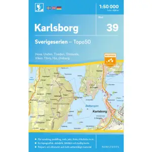 Sverigeseriens friluftskartor är en serie om 116 kartor med ett täckningsområde som sträcker sig över södra och mellersta Sverige samt Norrlandskusten. Det är kartan för dig som söker information inför friluftsaktiviteter som vandring, utflykter, traillöpning, jakt, fiske, ridning, cykling, mtb, paddling, långfärdsskridsko m.m.De topografiska kartorna i skala 1:50 000 innehåller all den information som förväntas av en terrängkarta för friluftsliv: terränginformation, vandringsleder, motionsspår, camping, vindskydd, golfbanor, badplatser, fornlämningar, vägar graderade i olika klasser, järnvägslinjer och mycket mer.Topografin är lätt att läsa med höjdkurvor i intervaller om 5 meter. Tillsammans med redovisning av olika marktyper och natur syns miljön tydligt. Här visas bland annat olika typer av skog, öppen eller odlad mark, berg, sankmark, sjöar, vattendrag, vägar, leder och stigar. Högre byggnader som vindkraftverk, kraftledningar, master och torn är bra symboler på kartan att använda som riktmärken i naturen vid navigering.Sverigeserien är en kvalitetskarta som är gjord för att användas! Aktuellt kartdata är hämtat från Lantmäteriet och den är tryckt på Polyart som är helt vattentåligt och slitstarkt. Det mjuka materialet tål att vikas om och om igen. Den klarar både vinterns och sommarens ibland utmanande väder i Sverige. Kartorna har en utförlig teckenförklaring på svenska, engelska och tyska. 