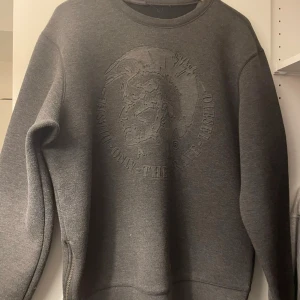 Grå sweatshirt från Diesel - Säljer en snygg grå sweatshirt från Diesel med ett coolt präglat mönster på framsidan. Tröjan har långa ärmar och en dragkedja på sidan för extra stilpoäng. Perfekt för både vardag och chill.