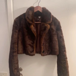 Brun pälsjacka - Säljer en superfin brun pälsjacka i croppad modell. Perfekt för höst och vinter när du vill vara både varm och stilren. Jackan har långa ärmar och knappar framtill. Den är i mycket bra skick och redo för nya äventyr!