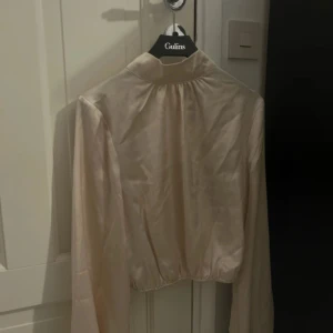 Champagnefärgad blus från Bik Bok - Säljer en champagnefärgad blus från Bik Bok i glansigt satinliknande material. Blusen har lång ärm, hög krage och är croppad med resår i nederkanten. Perfekt för dig som vill ha en stilren och trendig look. Använt en gång