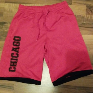 Röda sportiga shorts med CHICAGO-tryck - Snygga röda shorts med svart CHICAGO-tryck längs ena benet. De har elastisk midja med snörning och svarta detaljer längst ner vid bensluten. Perfekta för träning eller chill, med en loose fit och sportig vibe.