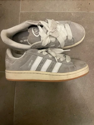 Grå Adidas Campus sneakers - Säljer ett par grå Adidas Campus sneakers med klassiska vita ränder på sidan och vit sula. Skorna har rund tå, platt sula och snörning. Ovandelen är i mjuk mocka och insidan är fodrad med textil. Perfekt för dig som gillar retrostil och streetwear.
