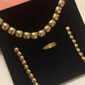 Edblad Smyckeset - Snyggt smyckeset från Edblad med halsband, armband, örhängen och ring i guldpläterad metall. Halsbandet och armbandet har fyrkantiga, blanka länkar och örhängena matchar med samma design. Ringen är enkel och stilren i guldton. Perfekt för dig som gillar statement-smycken.