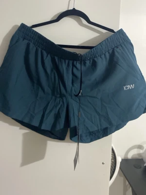ICIW Mercury shorts mörk teal XXL - Säljer ett par mörkt tealblå Mercury shorts från ICIW i storlek XXL. De har elastisk midja med snörning, reflekterande logga framtill och fickor med dolda dragkedjor. Yttermaterialet är återvunnen polyester och innershortsen är i nylon och spandex.