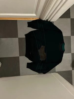 Mörkblå stickad tröja  - Mörkblå stickad tröja med gröna detaljer och ett broderat motiv av en bil på bröstet. Rund halsringning med färgade ränder och långa ärmar. Materialet är 50% ull och 50% syntet, perfekt för kyligare dagar.