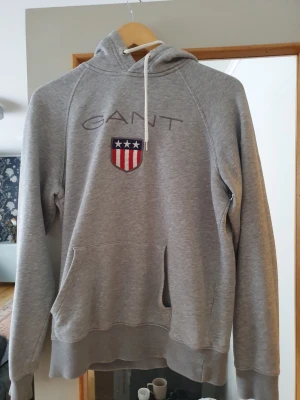 Gant hoodie  medium - Gant hoodie med en liten defekt på ärmen enligt bild. Perfekt träningströja som är snygg och man behöver inte vara rädd om. Den har inte använts mycket annars. 