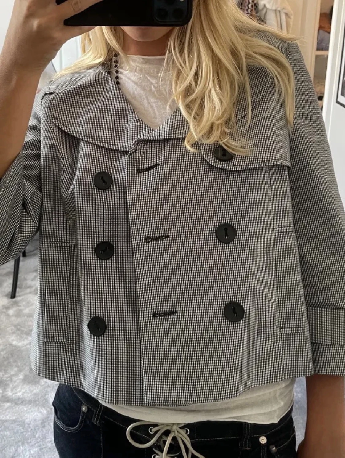 Rutig croppad kavaj med stora knappar - 2