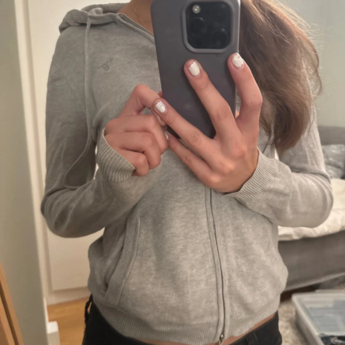 Grå stickad zipup hoodie - 2