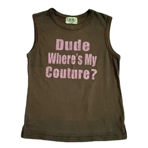 Juicy Couture Incredibly Rare Vintage Dude Where's My Couture Top  - ♡ Incredibly rare, vintage collector's piece from Juicy Couture's 2003 Spring collection. P&G era. This is a piece of fashion history. In a gorgeous khaki colour with beautiful pink glitter accent. ♡ As seen on Nicole Richie in The Simple Life in a different colourway. ♡ Fits smaller. 
