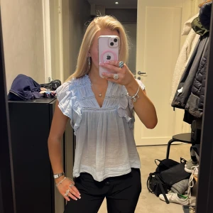 Ljusblå volangblus med spetsdetaljer - Supersöt ljusblå blus med volanger och spetsdetaljer vid axlar och bröst. Blusen har v-ringning och är ärmlös med en luftig, loose passform. Perfekt för dig som gillar romantiska och feminina vibes. Materialet känns lätt och flowy, troligen bomull eller liknande.