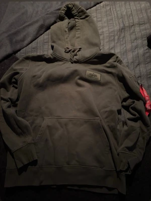 Grön hoodie från Alpha Industries - Säljer en grön hoodie från Alpha Industries med stor logga på ryggen och mindre patch på bröstet. 