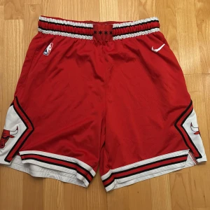 Chicago Bulls basketshorts från Nike - Säljer ett par röda Chicago Bulls basketshorts från Nike med klassisk Bulls-logga på benen och NBA-märke. Shortsen har elastisk midja med röd, vit och svart rand, meshmaterial för extra ventilation och vita detaljer längs kanterna. Perfekta för basket eller chill.