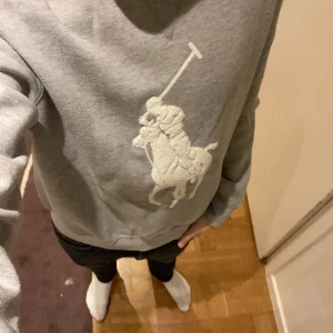 Grå sweatshirt från Polo Ralph Lauren - Säljer en grå sweatshirt från Polo Ralph Lauren med det klassiska stora polospelar-motivet broderat framtill. Tröjan har rund halsringning, ribbade muddar och är riktigt skön att bära. Perfekt för dig som gillar stilren och sportig look.