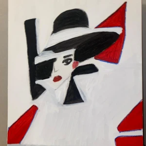 ”Melanie” målning Svartvit bredbrättad hatt - Snygg bredbrättad hatt i svart och vitt med cool, grafisk stil i akryl. Hatten har en stor, markerad form som ger en riktigt statement-look. Perfekt för dig som gillar konst och original målad tavla. Artist:Yaya