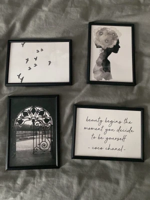 Tavlor - Säljer fyra stilrena tavlor med svart ram. Motiven är: siluett av kvinna med blommor, citat, fåglar i flykt och en dekorativ grind. Perfekt för att skapa en modern och personlig vägg hemma.