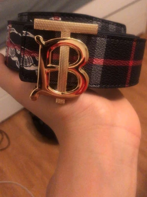 Rutig Burberry skärp med guldspänne - Säljer ett snyggt Burberry skärp i svart och rött rutigt mönster med detaljer i vitt och grått. Skärpet har ett stort guldigt spänne med TB-logga och är gjort i skinn. Perfekt accessoar för att lyfta din outfit.