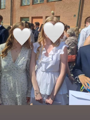 Vit volangklänning med öppen rygg - Söt vit kortklänning med volangdetaljer och v-ringning. Klänningen har öppen rygg och är ärmlös, perfekt för varma dagar. Tillverkad i ett lätt och luftigt material som ger en somrig känsla.