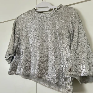 Glittrig silver topp från H&M - Säljer en glittrig silver topp från H&M, täckt med paljetter för maxad partykänsla. Modellen är croppad med korta ärmar och rund halsringning. Perfekt för dig som vill sticka ut och glänsa på nästa event!
