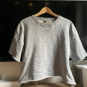 Grå t-shirttröja från COS - Grå trekvartsärmad tröja från cos. Har klippt armarn och där nere själv men skulle inte säga att de är något som syns på utan blir mest som en lite cool detalj ( de ser inte snett ut) tröjan är i storlek L men sitter snyggt overzised på mej som vanligt vid bär S!