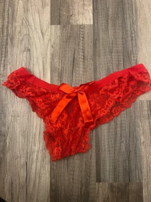 Röda spets-trosor med rosett - Snygga röda trosor i spets med blommigt mönster och en stor satinrosett framtill. Trosorna har en feminin och flirtig design med bred kant upptill och transparent spetsmaterial. Perfekt för dig som vill ha något extra fint i underklädeslådan. Perfekt för alla hjärtans dag… 