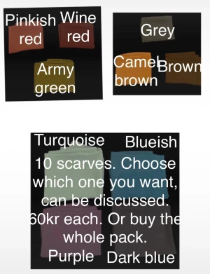 10 enfärgade halsdukar i olika färger - Säljer ett gäng stilrena halsdukar i färger som vinröd, rosa, armégrön, grå, kamelbrun, brun, turkos, blå, lila och mörkblå. Alla är rektangulära och har en slät yta utan mönster. Perfekt för dig som vill ha en enkel accessoar med färg. Materialet känns mjukt och lätt. Alla 10 sjalar kostar 360kr tillsammans. 60kr styck.