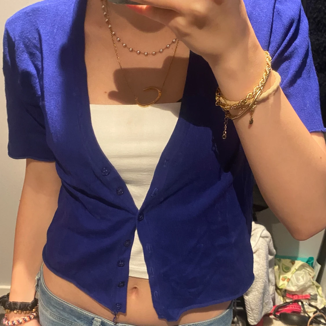 Kornblå kofta med kort ärm - 1