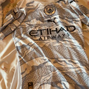 Manchester City Puma fotbollströja - Snygg Manchester City fotbollströja från Puma med unikt fiskfjällsmönster i grått och vitt. Kortärmad modell med klubbmärke på bröstet och Etihad Airways tryck. Perfekt för dig som vill sticka ut på planen eller på läktaren.