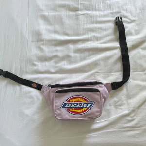 Ljusrosa magväska från Dickies - Säljer en ljusrosa magväska från Dickies med stort logotryck framtill. Väskan har tre fack med svarta dragkedjor och justerbart svart band med spänne. Perfekt för att bära det viktigaste och ge din outfit en cool touch.