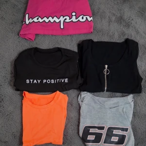 Klädpaket 5-delar! Champions, Ribbstickat & Trendiga Toppar - Dam Stl M T-shirts - Säljer ett stort och komplett klädpaket med 5 olika toppar/t-shirts - perfekt för att uppdatera din garderob med sportiga och trendiga plagg! Paketet innehåller en mångsidig mix av stilar, färger och märken.