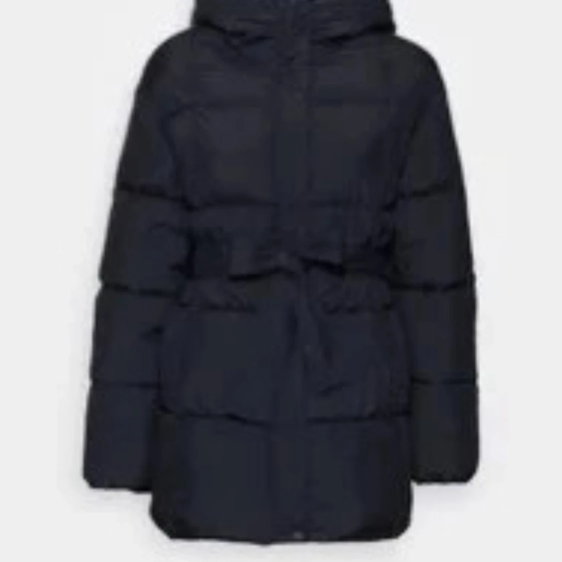 Mörk blå lång pufferjacka med huva - 2