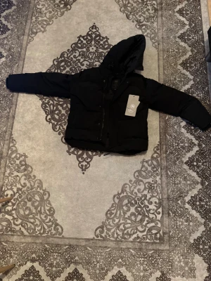 Svart pufferjacka från Canada Goose - Svart pufferjacka från Canada Goose med huva och snygga detaljer som dragkedja och knappar framtill. Jackan har en broderad logga på ärmen och justerbar snörning vid huvan. Perfekt för kalla dagar och har en clean, modern look. Bara en knapp som har gått av annars helt ny.